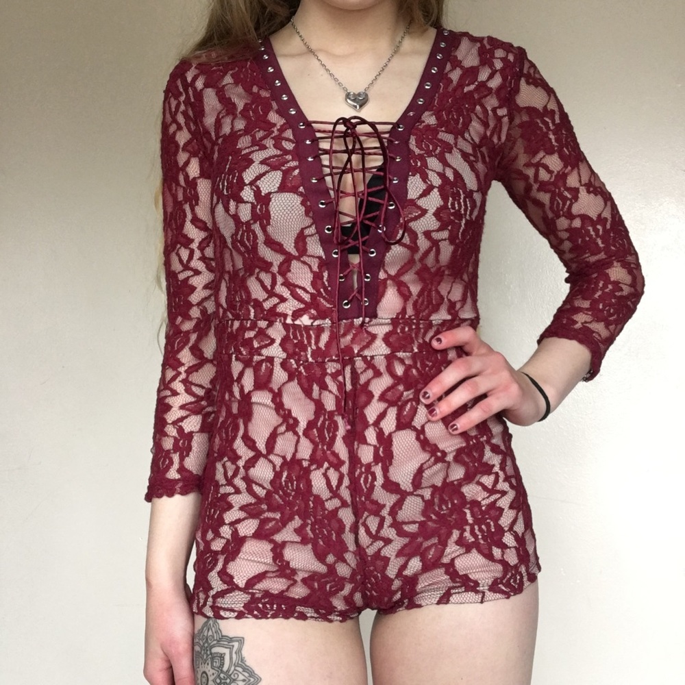 Red/maroon floral lace romper